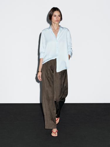 Zara Wide satin crinkle effect pants - Chocolate - Image 0