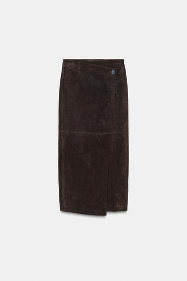 Zara 100% LEATHER WRAP MIDI SKIRT - Brown - Image 0
