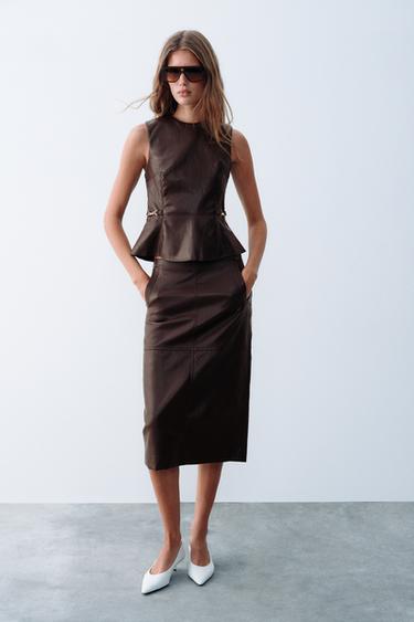 Zara FAUX-LEATHER MIDI SKIRT AND APPLIQUÉ TOP SET - crocodile