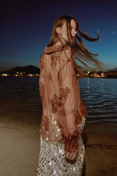 SEMI-SHEER SEQUINNED FEATHER SHIRT - Russet by Zara