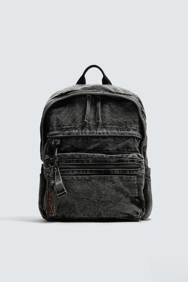 Zara WASHED EFFECT DENIM BACKPACK - Black