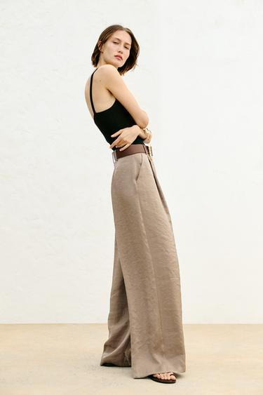 BELTED WIDE-LEG SATIN TROUSERS - Brown / Taupe by Zara - Image 2