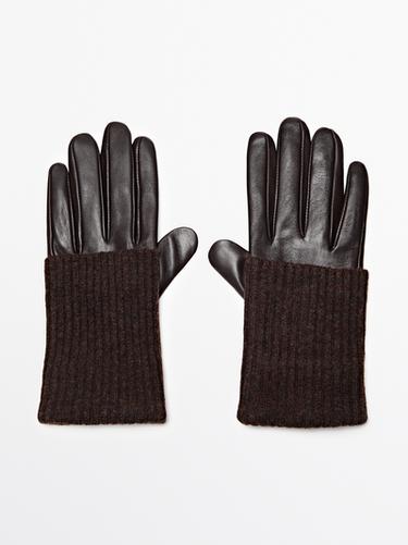 Zara Contrast nappa leather and knit gloves - Brown - Image 0