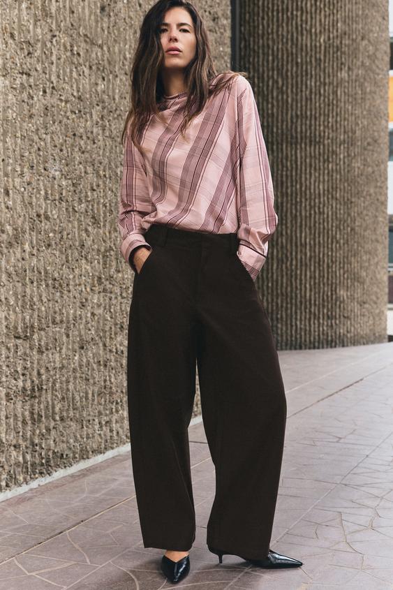Zara CHECKED SHOULDER-BUTTON BLOUSE - Dark pink - Image 0