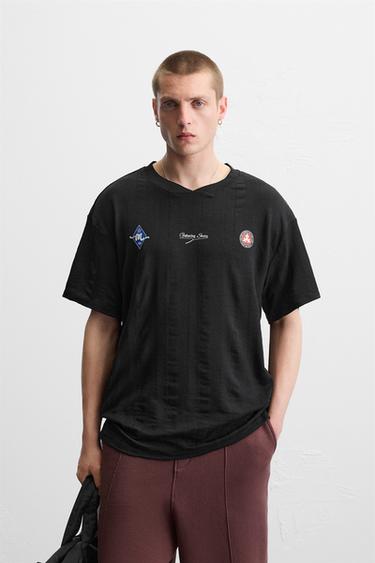 Zara RETRO FOOTBALL PRINT T-SHIRT - Black