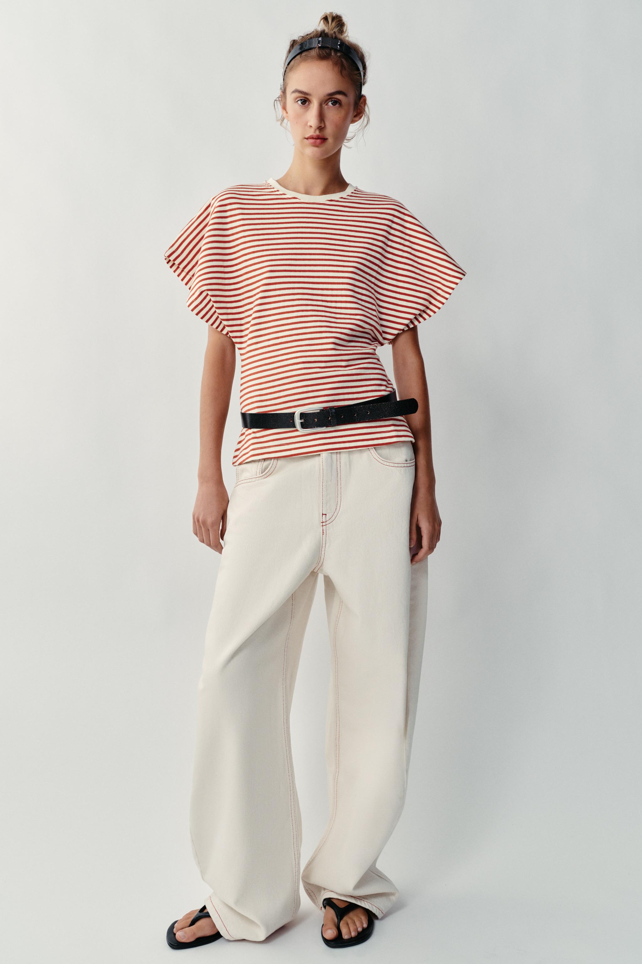 WIDE SLEEVE STRIPED T-SHIRT — Bordeaux / Ecru