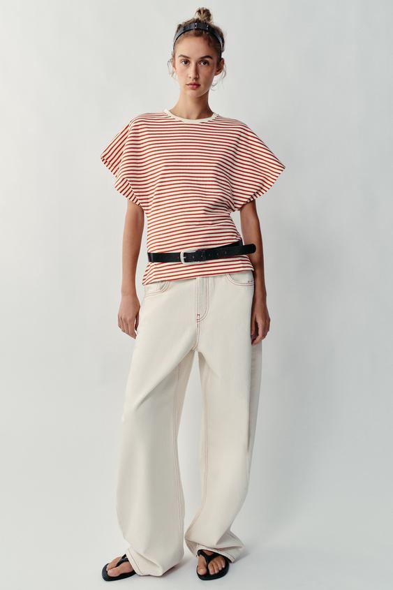 STRIPED WIDE SLEEVE T-SHIRT - bordeaux/ecru by Zara - Image 0
