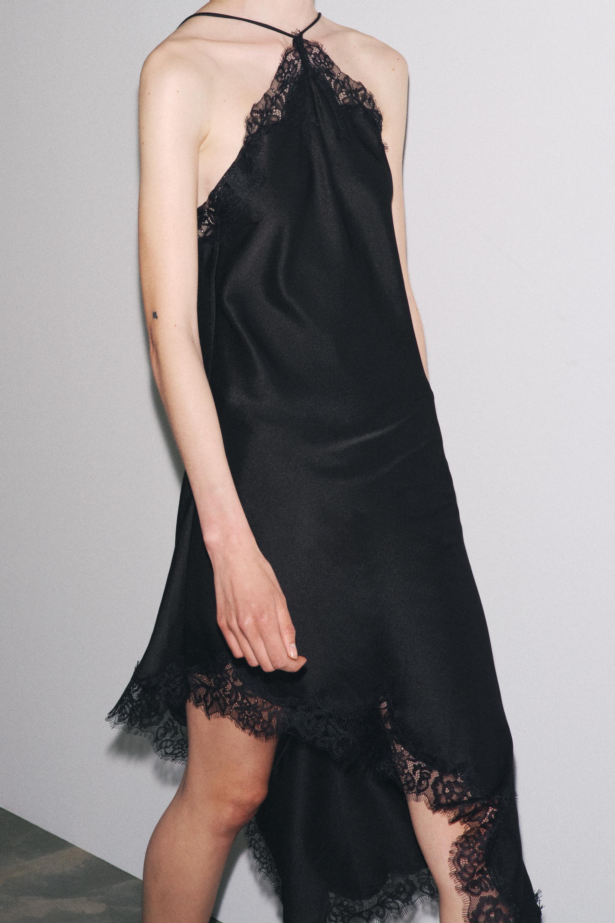 【ZARA】ZW COLLECTION ヘビーサテンワンピース | 2523/031/681 ZW COLLECTION サテンレースワンピース - ブラック | ZARA Japan