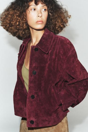 Zara 100% SUEDE LEATHER JACKET - Burgundy