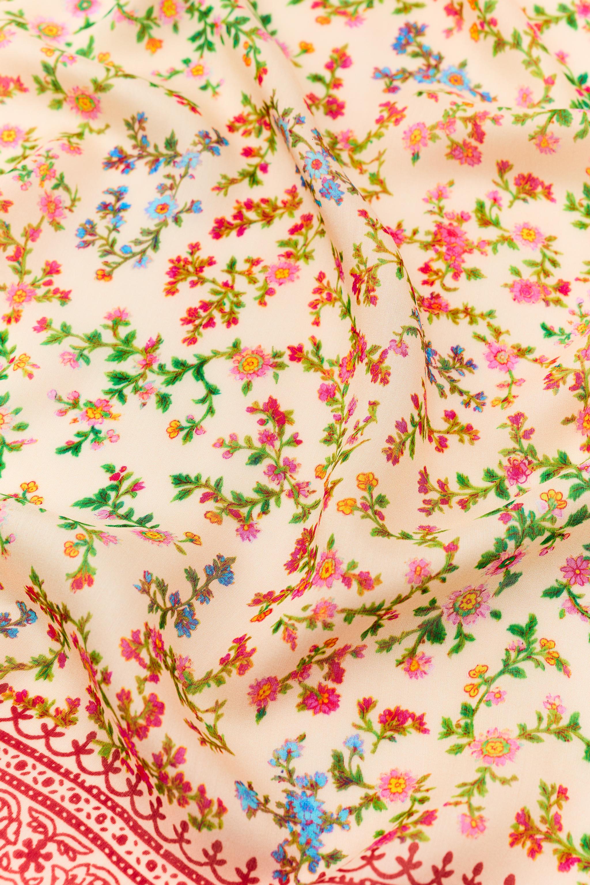 BEADED FLORAL PRINT SILK BANDANA