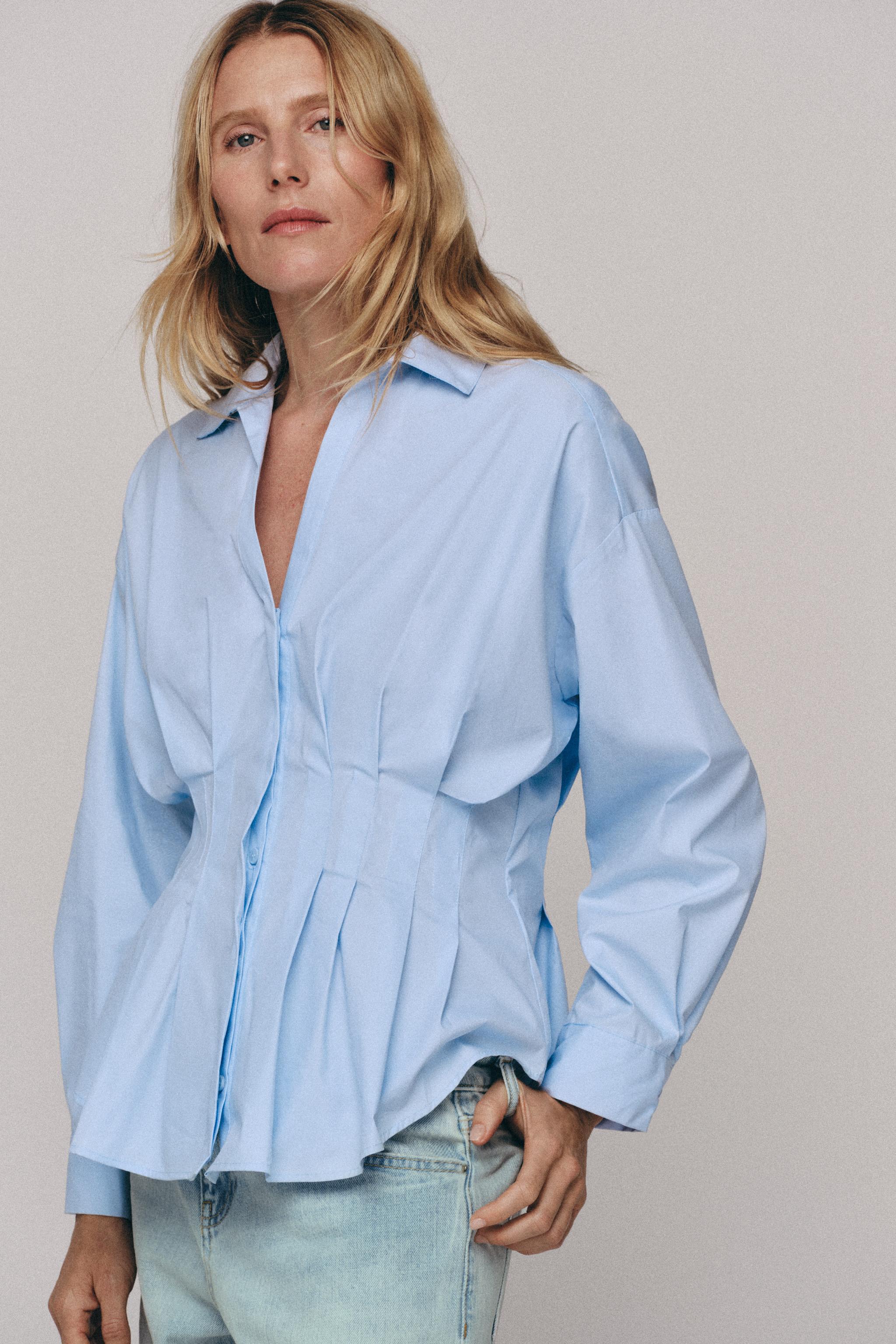 STRIPED PLEATED SHIRT — Light blue