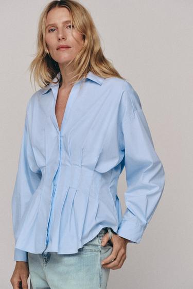 CAMISA POPELÍN PLIEGUES - Azul claro de Zara