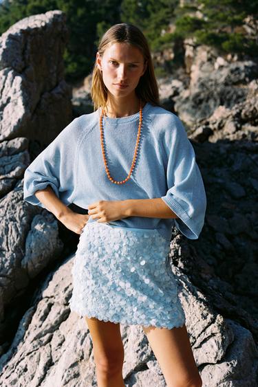 Zara WIDE SLEEVE KNIT SWEATER - Light blue