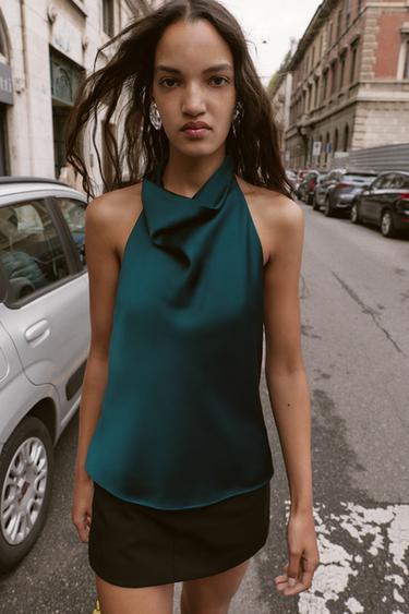 Zara SATIN EFFECT HALTER TOP - Duck green