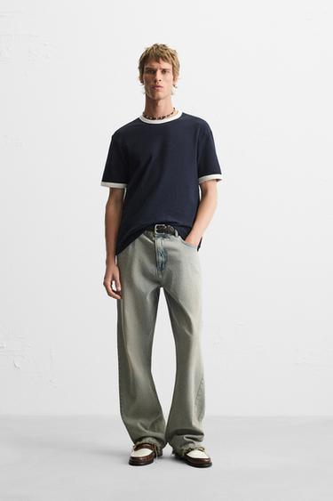 BASIC T-SHIRT MET RIB-CONTRAST - Marineblauw van Zara