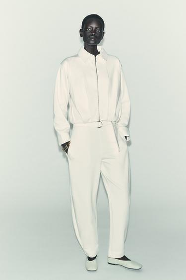 Zara PLUSH BELTED PANTS - Ecru