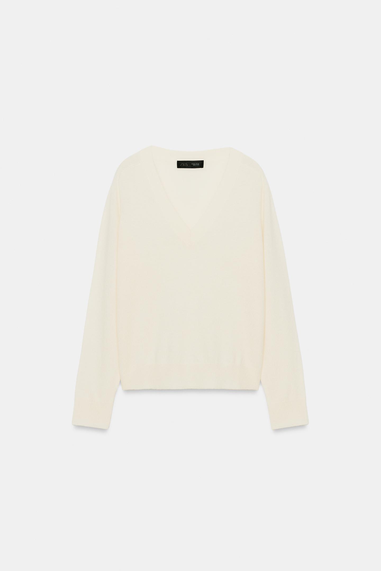 Женский свитер Zara Wool V-NECK Jumper, цвет: Экрю — фото 3