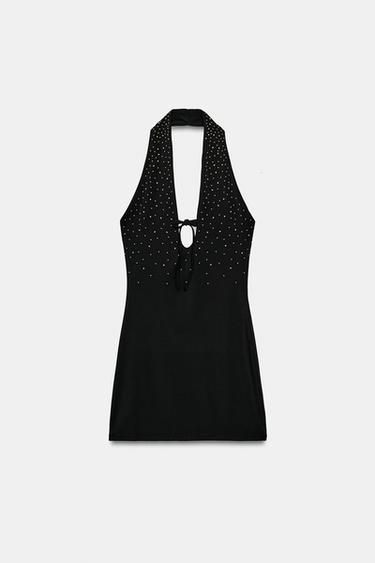 STUDDED HALTER MINI DRESS - Black by Zara