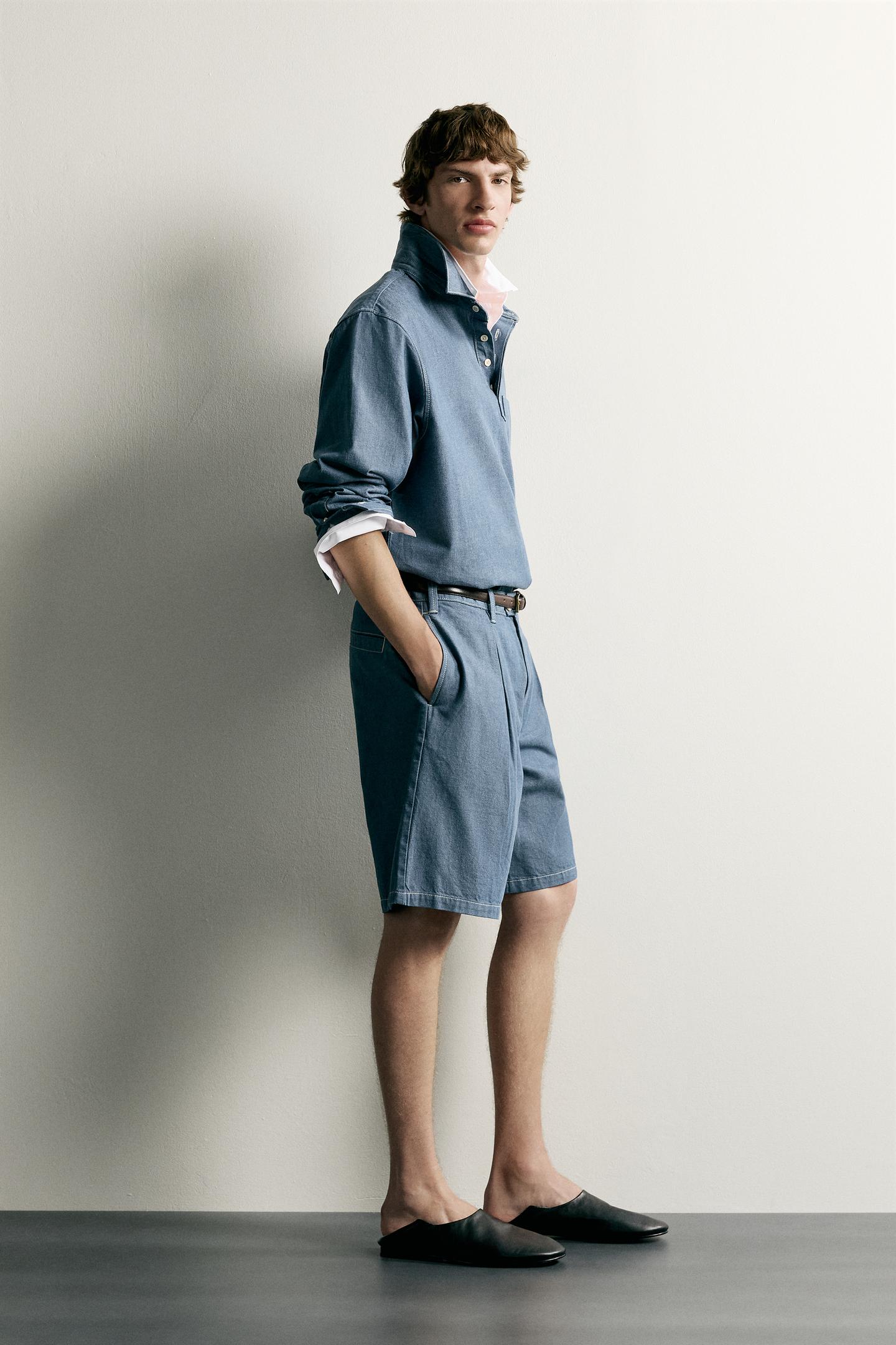 Мужское поло Zara Washed Lightweight Denim Polo Shirt, цвет: Синий — фото 4