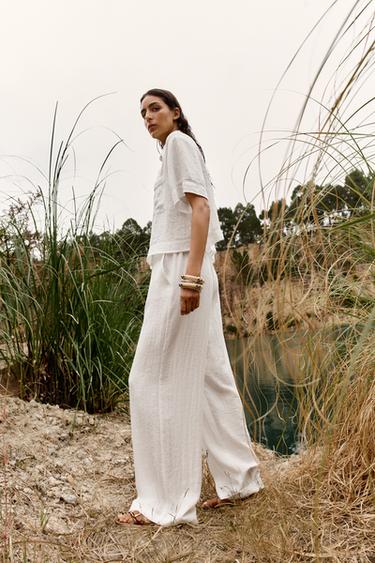 PANTALON LARGE RUSTIQUE - Blanc de Zara