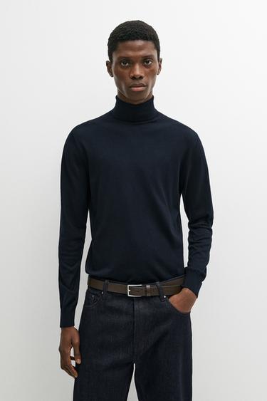 Cotton blend high neck knit sweater — Navy blue 2