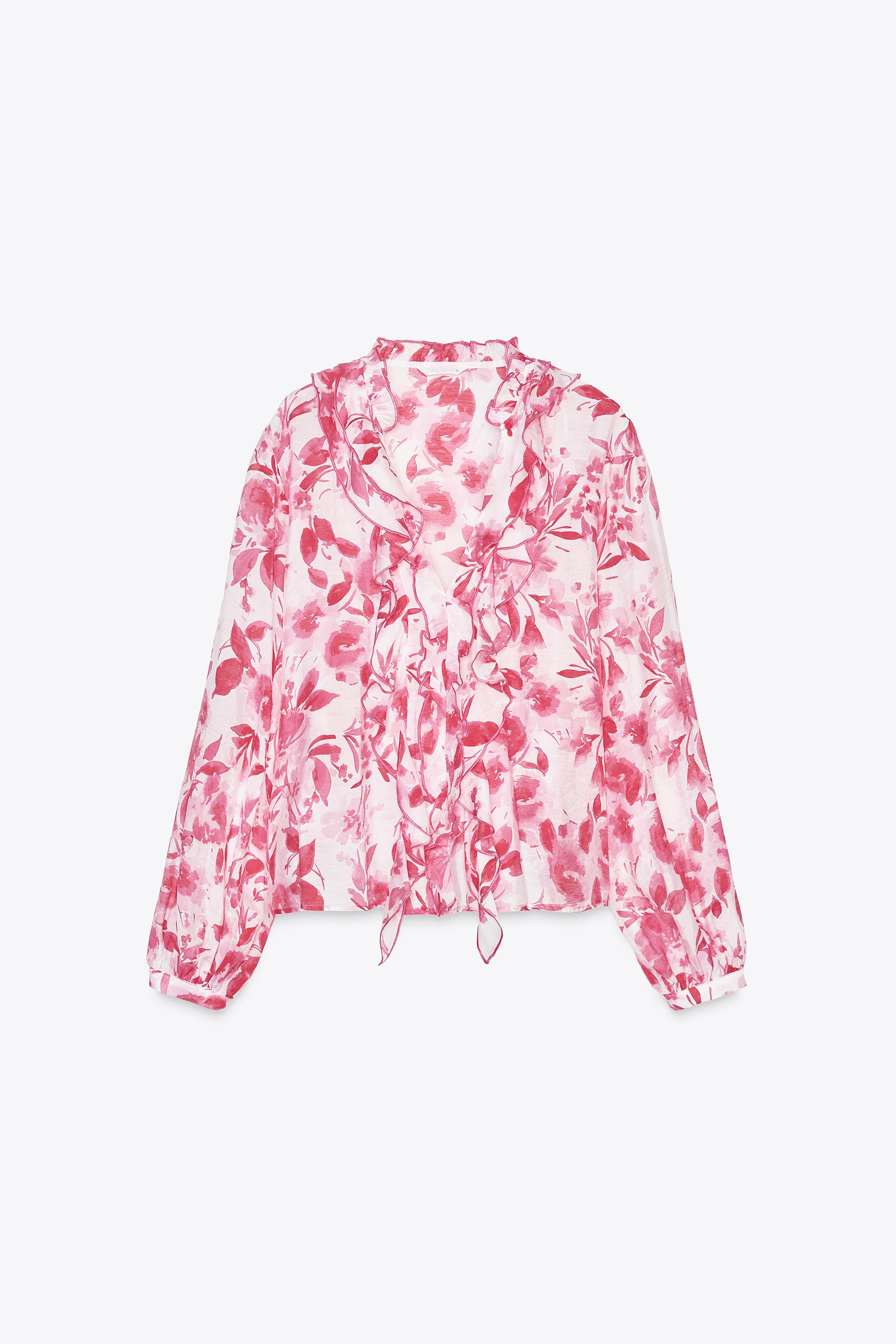 フリル付きプリント柄ブラウス - ピンク/ホワイト | ZARA Japan