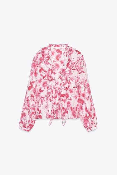 PRINTED BLOUSE WITH RUFFLES - Pink / White by Zara