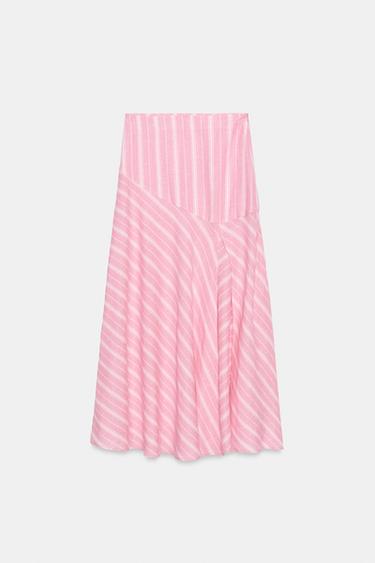 JUPE MI-LONGUE EN LIN À RAYURES - Rose / Blanc de Zara - Image 7