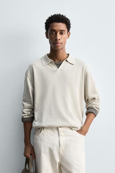 Zara COTTON-HEMP KNIT POLO SHIRT - Sand
