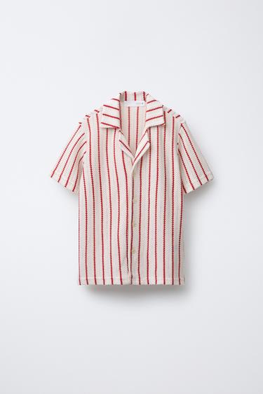 STRIPED KNIT SHIRT - Ecru / Red by Zara - Image 0