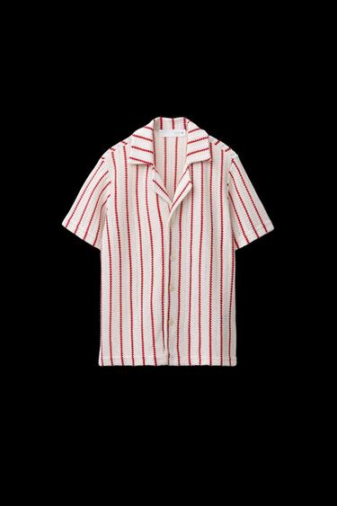 Zara STRIPED KNIT SHIRT - Ecru / Red - Image 0