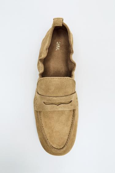 RUFFLED SPLIT SUEDE LOAFERS - Sand Brown by Zara
