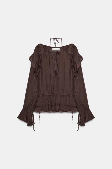 Zara ZW COLLECTION SEMI-SHEER BLOUSE - Brown