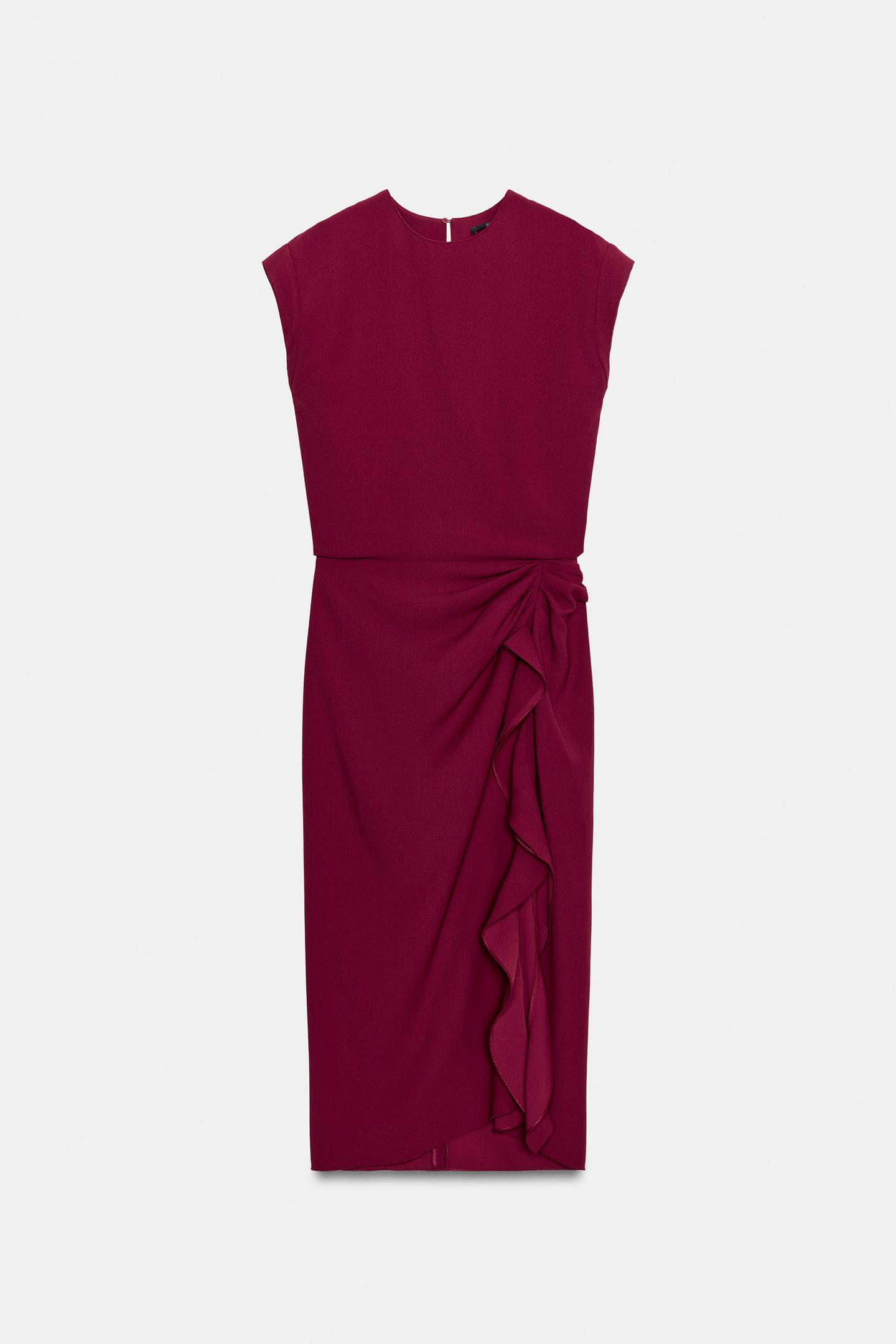 Женское платье Zara ZW Collection Ruffled MIDI, цвет: Бордовый — фото 6