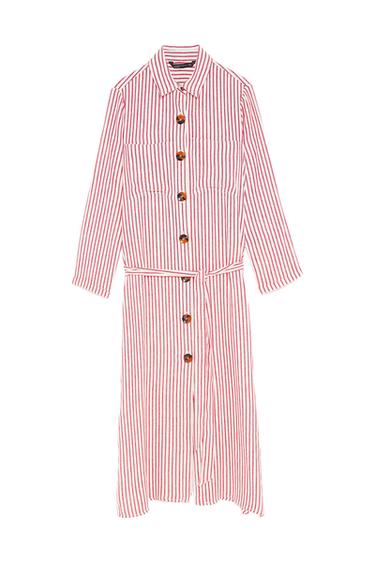 Red and white striped shirt dress with large buttons and matching belt. Long sleeves and classic collar.