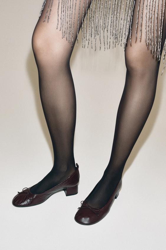 BAILARINA DE TACÃO EM PELE COM LAÇO - Vermelho-bordeaux da Zara - Imagem 0