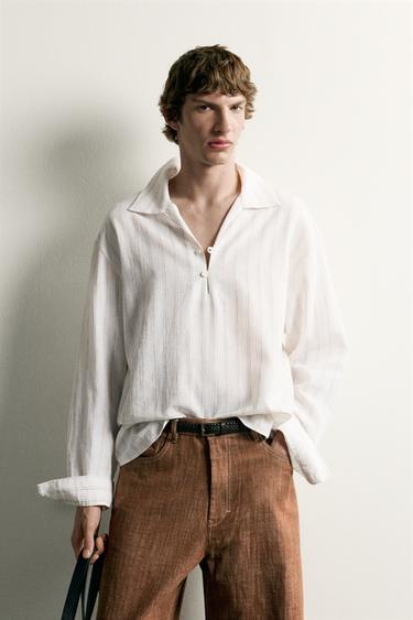 CAMISA POLO ALGODÓN - LINO RAYAS - Crudo / Beige de Zara