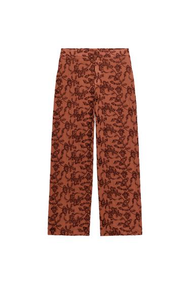 Zara EMBROIDERED STRAIGHT-LEG PANTS - Brick
