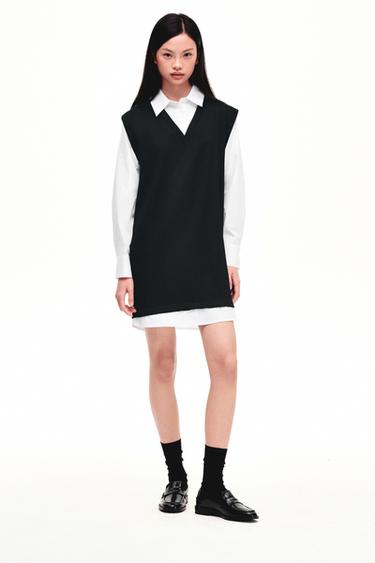 Zara 府綢拼接迷你連身裙 - 黑色 / 白色