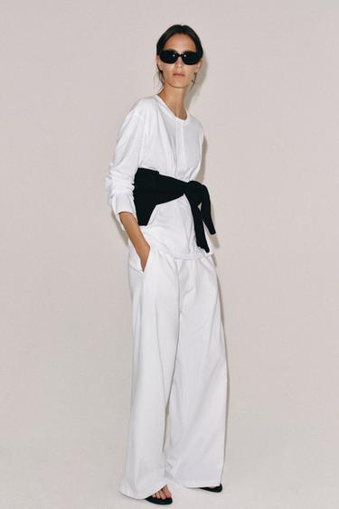 Zara LINEN BLEND HENLEY SHIRT - White