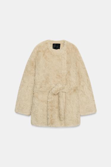 FAUX FUR COAT WITH BELT ZW COLLECTION - Ecru by Zara