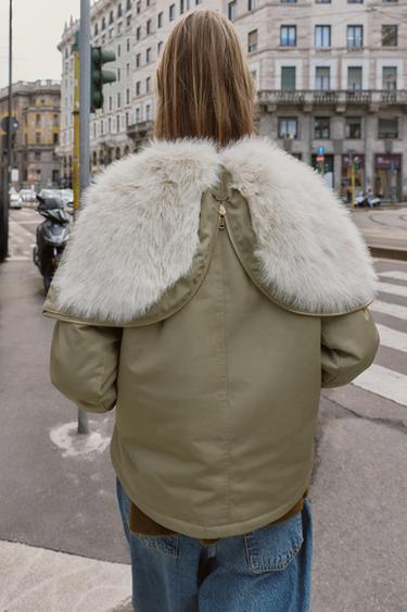 PARKA COURTE CAPUCHE EFFET FOURRURE - Kaki de Zara - Image 4