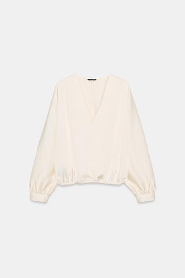 Zara SATIN EFFECT WRAP BLOUSE - Ecru