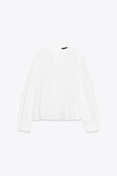 Zara LACE TRIM PEPLUM BLOUSE - Oyster-white