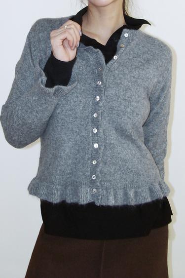 Zara 荷葉邊針織開襟衫 - 灰色
