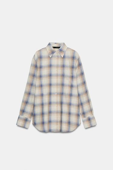 OVERSIZE CHECK SHIRT WITH POCKET - Sand / Blue by Zara - Image 3