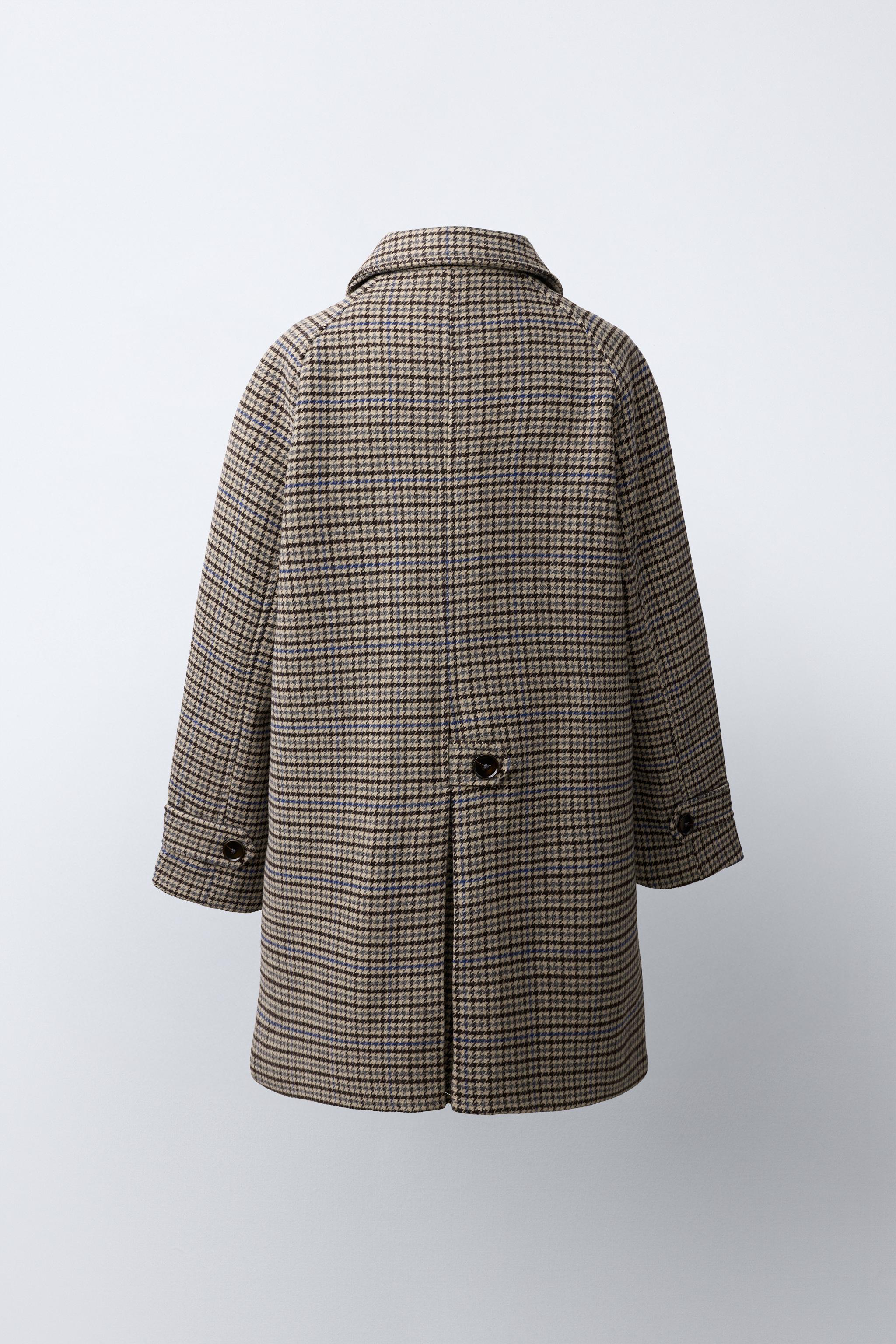 ウール混紡チェック柄ロング丈コート - エクリュ/ブルー | ZARA Japan