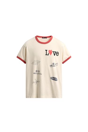 Zara CONTRAST HEART RIBBED T-SHIRT - Ecru