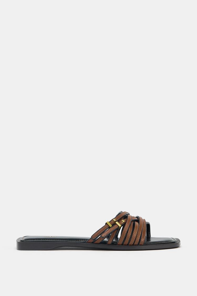 LEATHER STRAPPY SLIDE SANDALS Brown ZARA United States