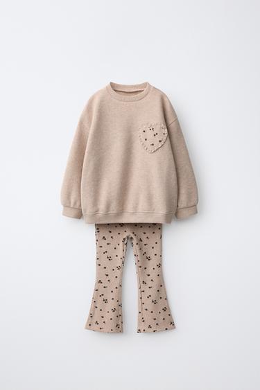 FLORAL PRINT HEART PATCH SWEATSHIRT AND FLARE LEGGING SET — Sand / Marl 1